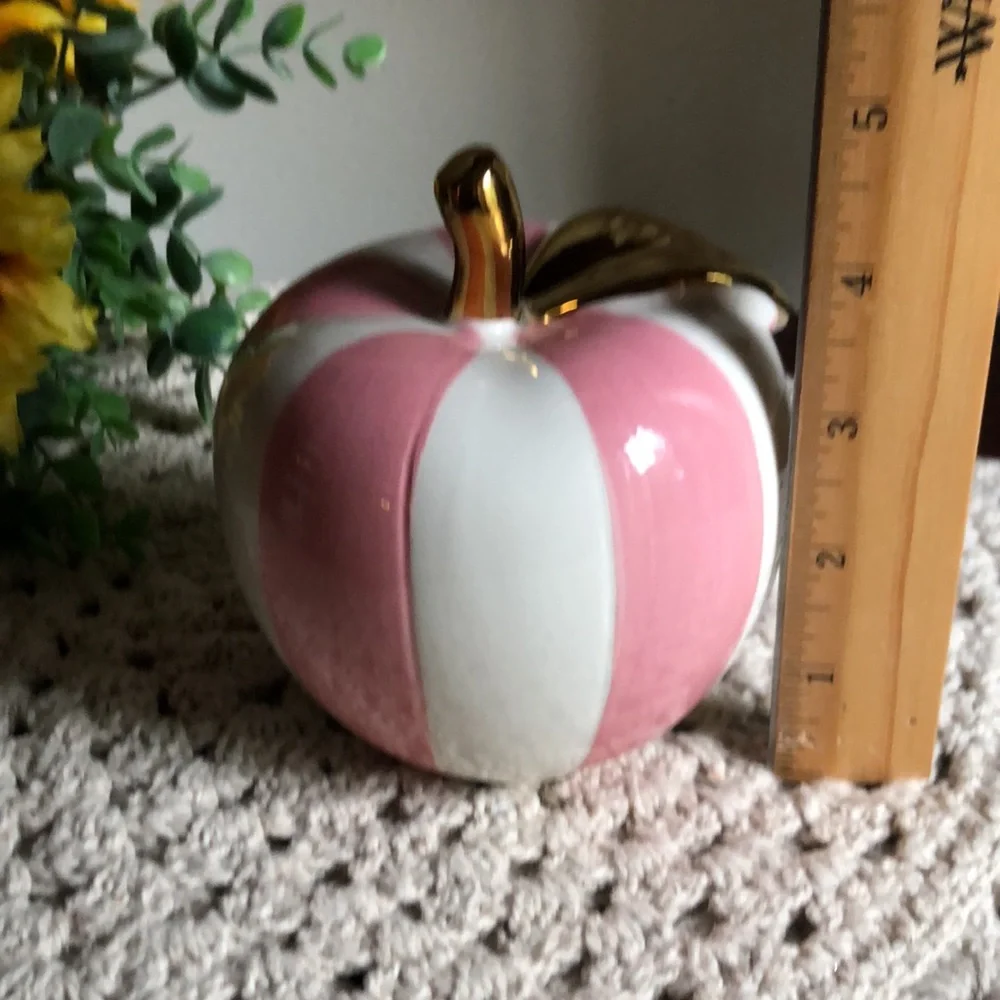 Pink and White Striped Ceramic Apple with Gold Stem